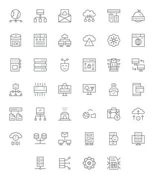 Server Vector Icon Set with 40 Thin Line 128x128 Display Perfect Graphics Stock Illustration