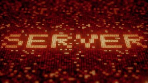 SERVER word being made with flashing hexadecimal symbols on a red screen. 3D Illustration