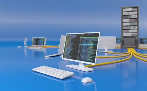 Server workstation, desktop computer and server infrastructure on blue backgr Stock Illustration