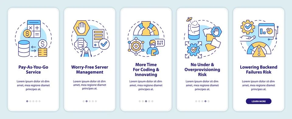 Serverless computing benefits onboarding mobile app screen Stock-Illustration
