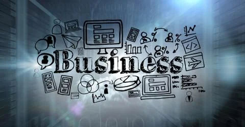 Servers and binary code with black business doodles and flares 스톡 일러스트