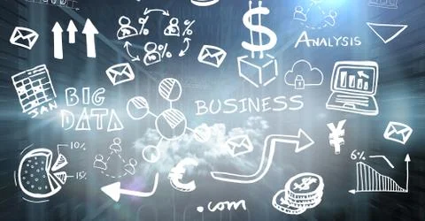 Servers and binary code with white business doodles and flares イラスト素材