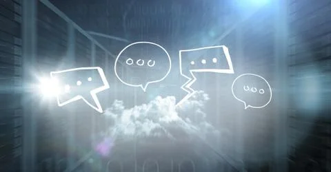 Servers and binary code with white speech bubbles and flares Stock Illustration