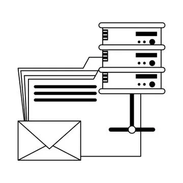 Servers and database technology symbols in black and white Stock Illustration