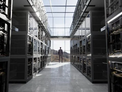 Servers and hardware room with notebook and coffee cup computer technology Stock Photos