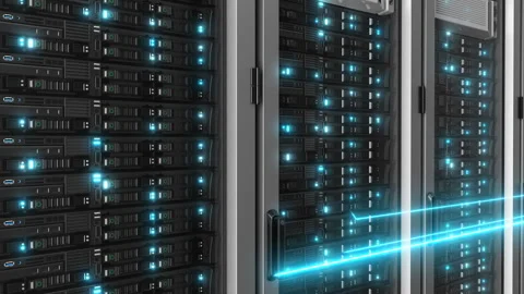 Servers Close-up with Blue Lines Flying Over Loop 3d Animation. Artificial Stock Footage 306161333