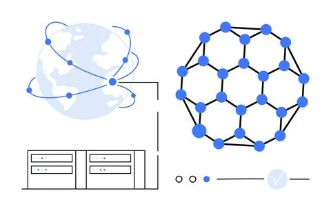 Servers connected globally to a blockchain network structure, representing da Stock Illustration