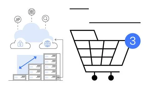 Servers connecting to cloud with data icons, arrows signifying growth beside  Stockillustratie
