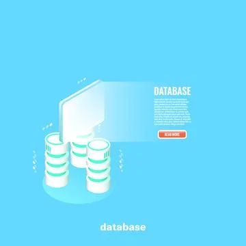 Servers with data and screen emitting light, text and web button, isometric i Illustrazione stock