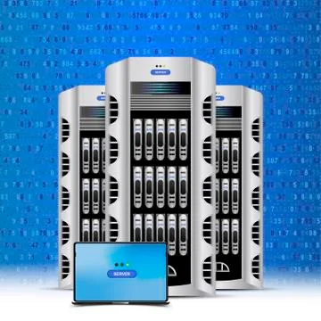 Servers data center with laptop. Cloud computing concept vector. Flat vector  Illustrazione stock