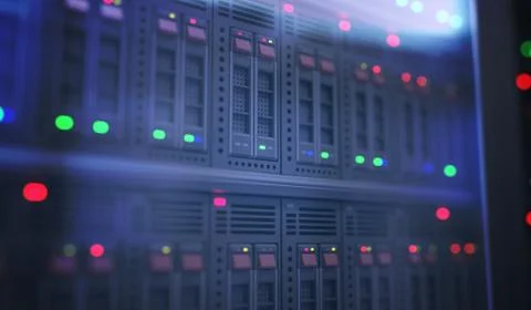 Servers in datacenter with many computers. 3D rendered illustration. Foto stock