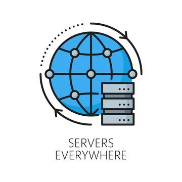 Servers everywhere, CDN thin line icon or symbol Illustrazione stock