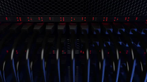 Servers, flashing red lights and connectors, dolly shot. Seamless loopable 4K Video stock 65498269