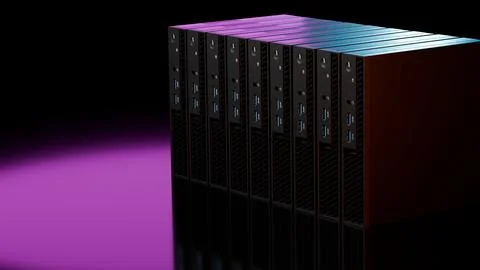 Servers with glowing purple reflection on glossy black surface Stockillustratie