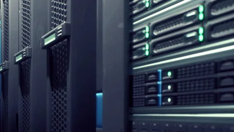 Servers Hum Quietly in a Modern Data Center During Night Hours Stock Footage 347255370