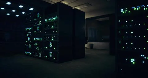 Servers illuminate a dark data center during nighttime operations Stock Illustration