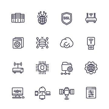 Servers, network and hosting line icons set Stock Illustration