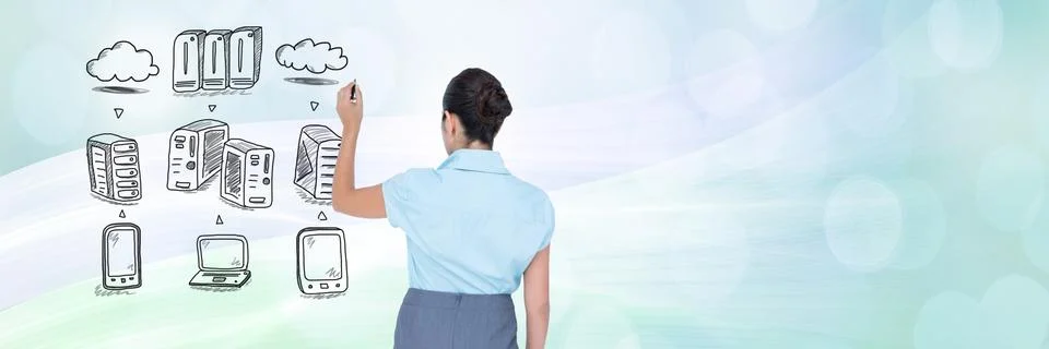 Servers network doodle being drawn by businesswoman's hand Stock Photos
