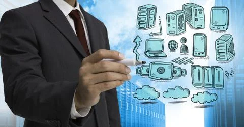 Servers network doodle being drawn by businessman's hand Fotos Stock