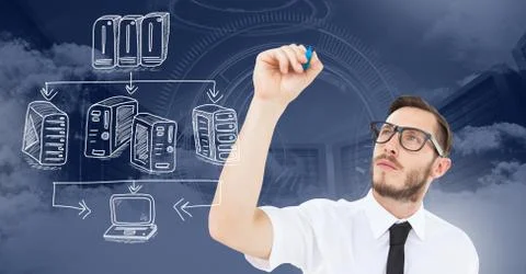Servers network doodle being drawn by businessman's hand Fotos Stock