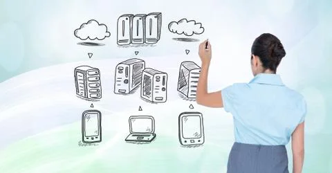 Servers network doodle being drawn by businesswoman's hand Stock Photos