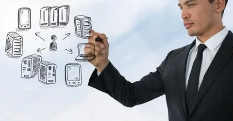 Servers network doodle being drawn by businessman's hand Stock Photos