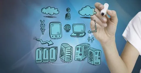 Servers network doodle being drawn by hand Stock Photos
