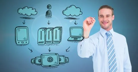Servers network doodle being drawn by businessman's hand Stock Photos