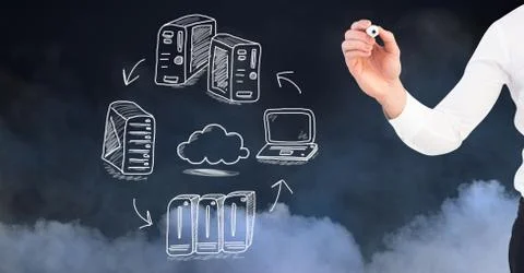 Servers network doodle being drawn by hand Stock Photos