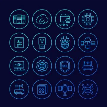Servers, network, hosting and data line icons set Illustrazione stock