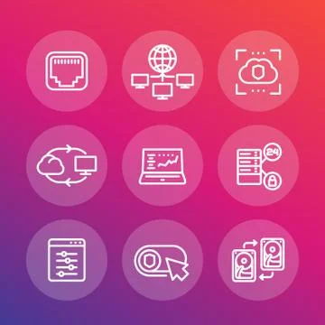 Servers, networks, cloud solutions, data storage line icons set Stock Illustration