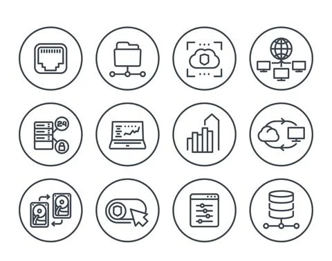 Servers, networks, cloud solutions, data storage, hosting line icons set on w Stock Illustration
