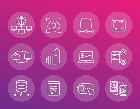 Servers, networks, cloud solutions, data storage and hosting line icons set Stock Illustration