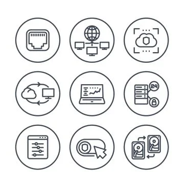 Servers, networks, cloud solutions line icons over white Stock Illustration