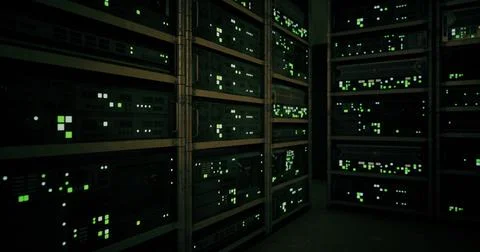 Servers operate in a data center with illuminated indicators at night Stock Illustration