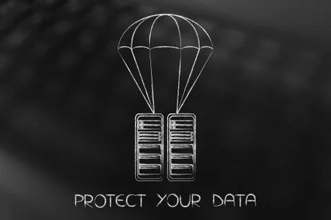 Servers on a parachute, data protection and back-up Illustrazione stock