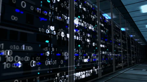 Servers racks fly loop with holograms Video stock 104986987