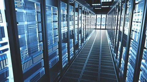 Servers racks walkthrough in Modern data center. Cloud computing datacenter room Stock Footage 104080518