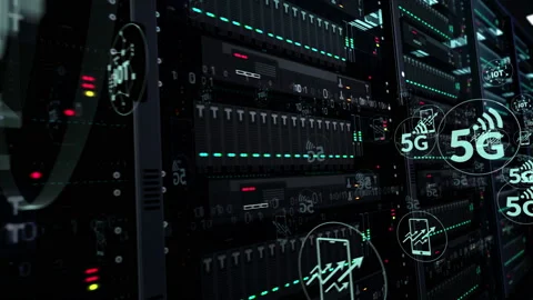 Servers room with 5G symbol loop animation Video stock 125535099