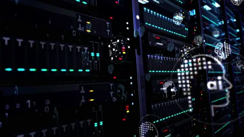 Servers room with artificial intelligence symbol loop animation Video stock 122291281