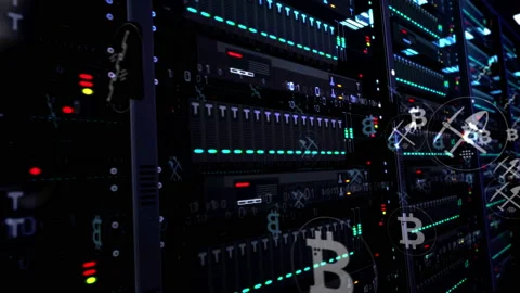 Servers room with Bitcoin mining loop animation Stock Footage 122693662