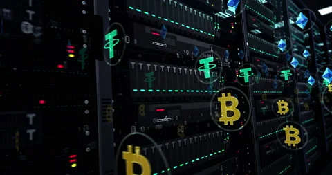 Servers room with Bitcoin Tether Ethereum mining loop animation Video stock 140931744