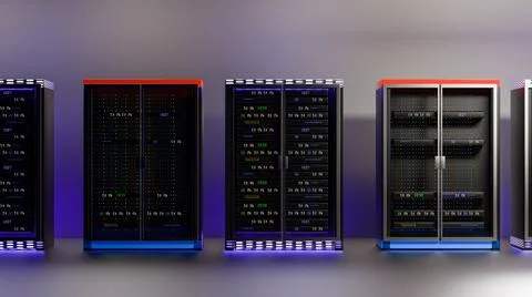 Servers. Servers room data center. Backup, mining, hosting, mainframe, farm and Stock Illustration