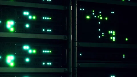 Servers show green lights in a data center at night Stock Footage 345000699