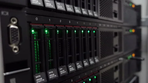 Servers stack with hard drives in a datacenter for backup and data storage Stock Footage 97784226