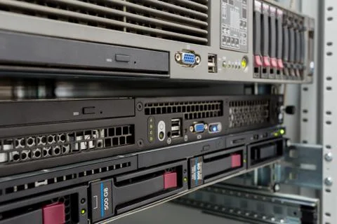 Servers stack with hard drives in a datacenter Stock Photos