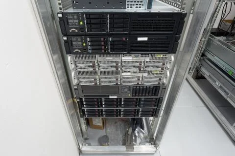 Servers stack with hard drives in a datacenter Foto stock
