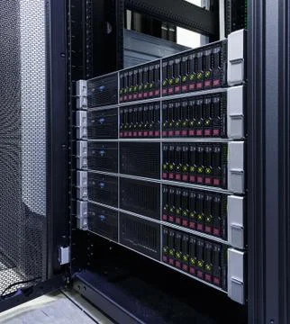 Servers stack with hard drives in datacenter for backup and data storage Stockfoto's