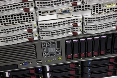 Servers stack with hard drives in a datacenter for backup and data storage... Foto stock