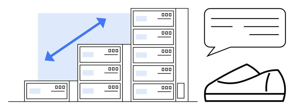 Servers stacked in increasing sizes with an upward blue arrow on left, empty  Stock Illustration